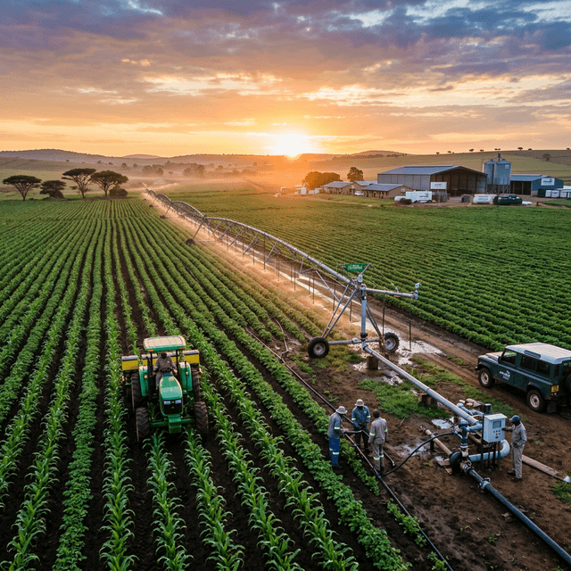 Cinematic landscape of sophisticated irrigation and modern agricultural fields at sunrise